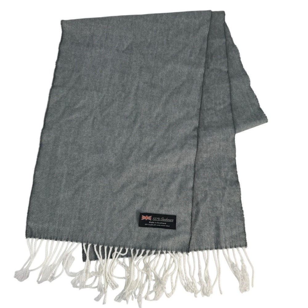 Gray Herringbone 100% Cashmere Scarf Wrap Scotland Fringe 12" x 68" Long